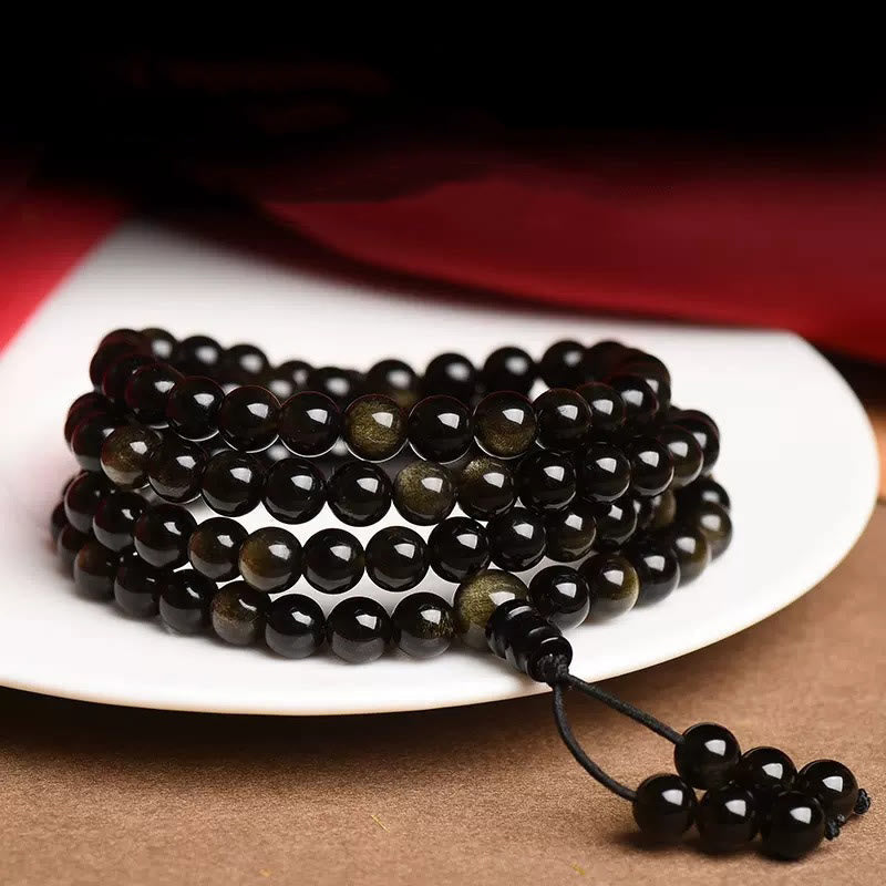 Wear FengShui 108 Mala Beads Natural Gold Sheen Obsidian Wealth Bracelet