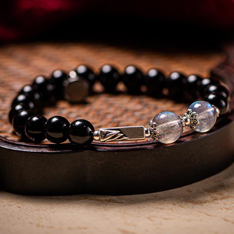 Wear FengShui 925 Sterling Silver Obsidian Moonstone Strength Couple Bracelet
