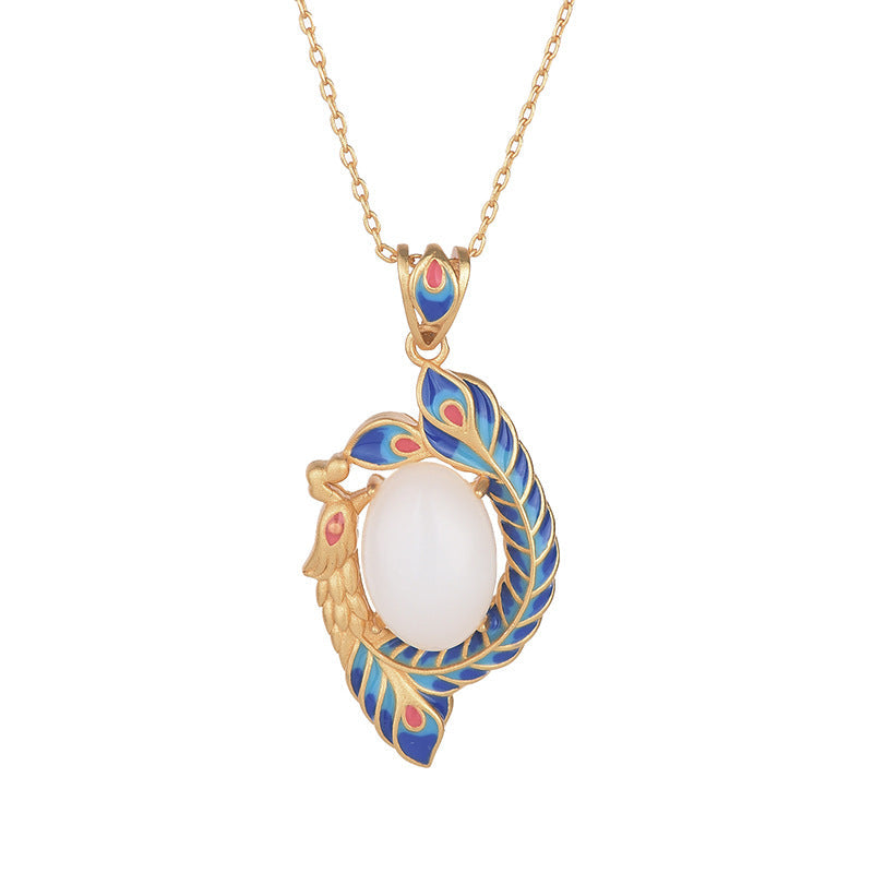 Wear FengShui White Jade Peacock Copper Blessing Necklace Pendant