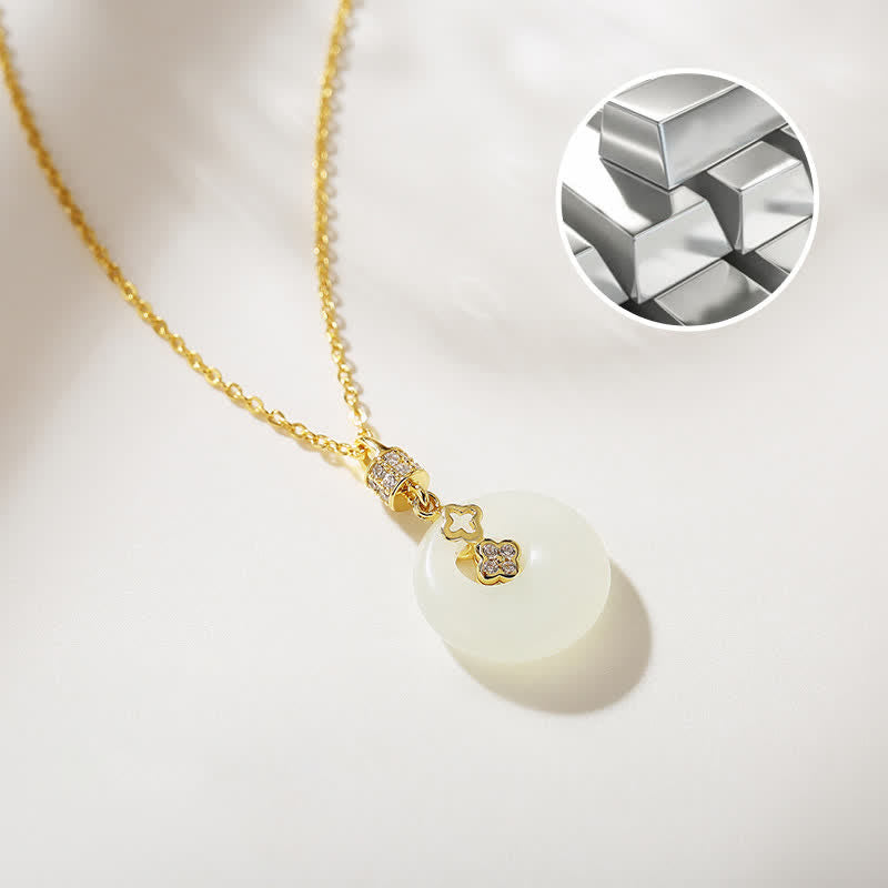 Wear FengShui 925 Sterling Silver Hetian White Jade Coin Flower Peace Buckle Luck Necklace Pendant