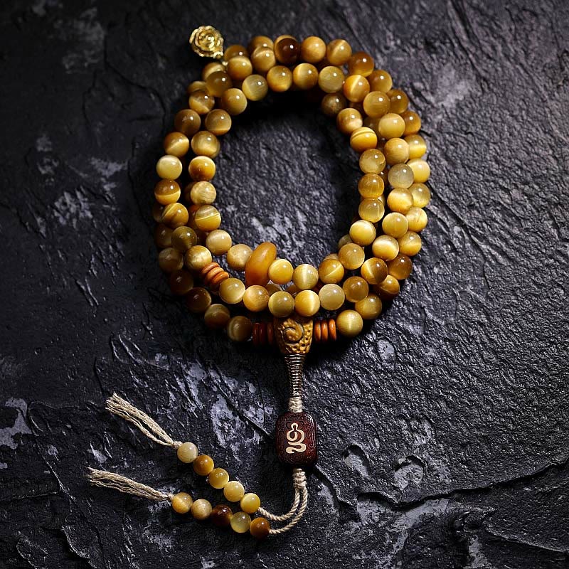 Wear FengShui 108 Mala Beads Natural Tiger Eye Copper Dorje Protection Tassel Bracelet