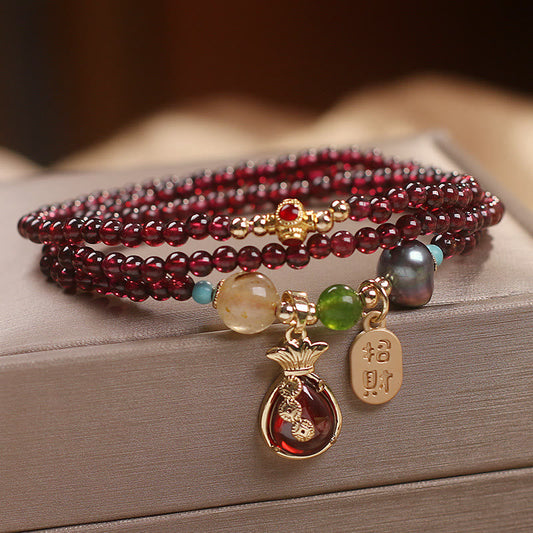 Wear FengShui Multi Layered Natural Garnet Jade Coin Money Bag Attracting Wealth Protection Bracelet