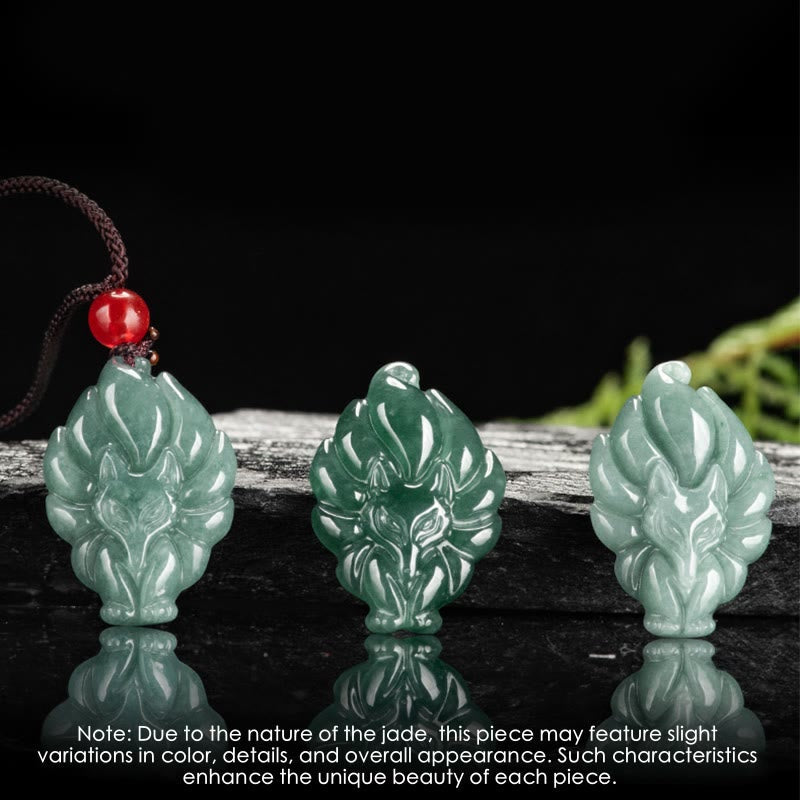 Wear FengShui Natural Green Jade Nine Tailed Fox Luck Necklace Pendant