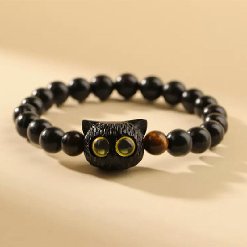 Wear FengShui Cute Ebony Wood Cat Head Pattern Peace Bracelet