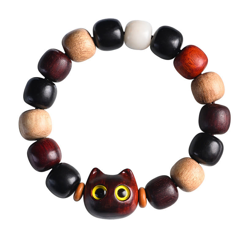Wear FengShui Small Leaf Red Sandalwood Ebony Wood Cute Cat Engraved Protection Bracelet