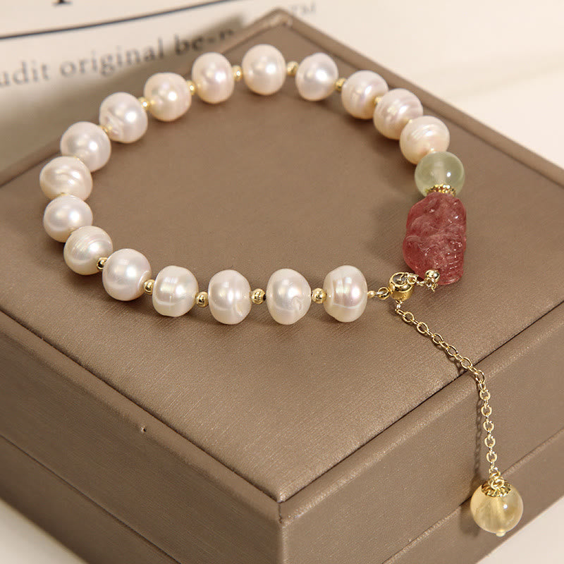 Wear FengShui Natural Pearl Strawberry Quartz PiXiu Optimism Charm Bracelet