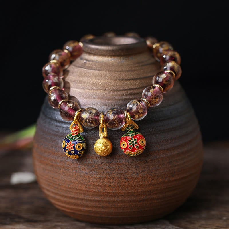Wear FengShui Gold Swallowing Beast Family Charm Gold Silver Foil Liuli Glass Bead Blessings Bracelet