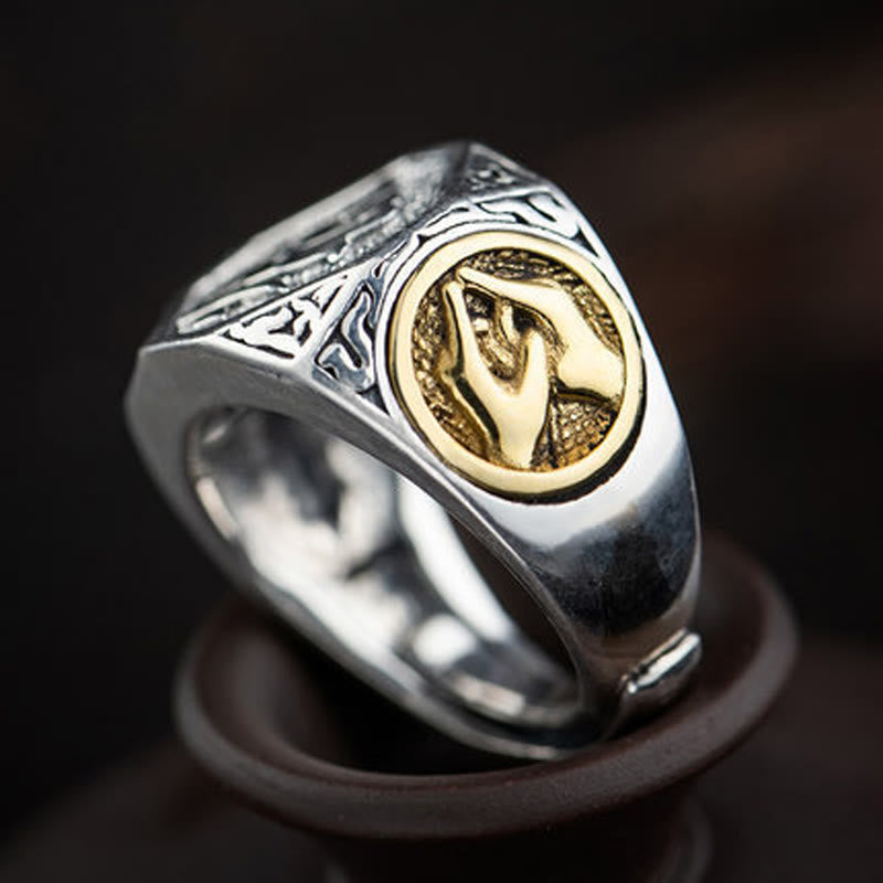 Wear FengShui 925 Sterling Silver Sanskrit Design Carved Protection Adjustable Ring