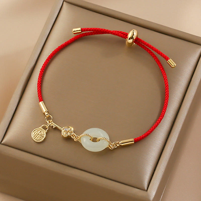 Wear FengShui 18K Gold Plated Hetian Jade Peace Buckle Fu Character Luck Red Rope Bracelet