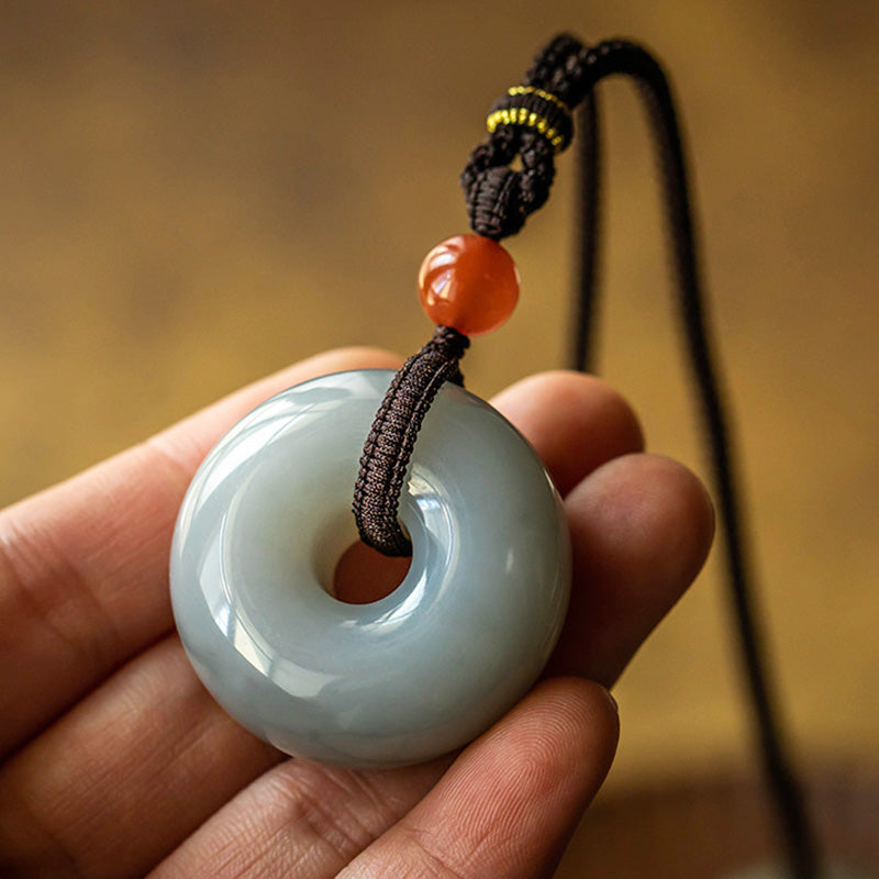 Wear FengShui Natural Round Jade Gray Jade Peace Buckle Luck Necklace Pendant