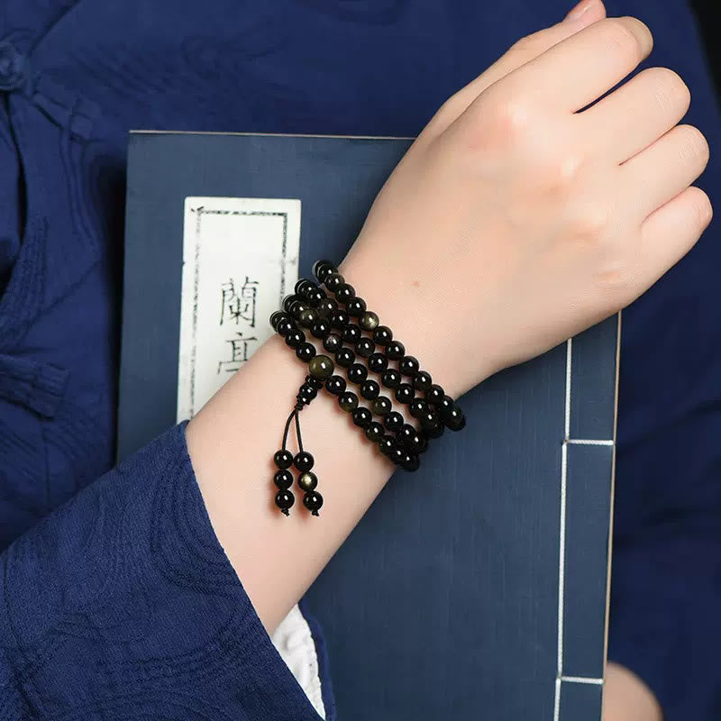 Wear FengShui 108 Mala Beads Natural Gold Sheen Obsidian Wealth Bracelet