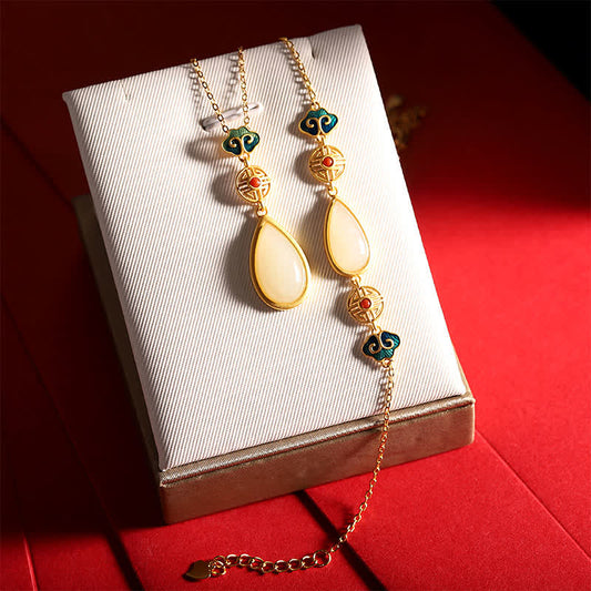 Wear FengShui 925 Sterling Silver Hetian White Jade Water Drop Chain Necklace Pendant Bracelet
