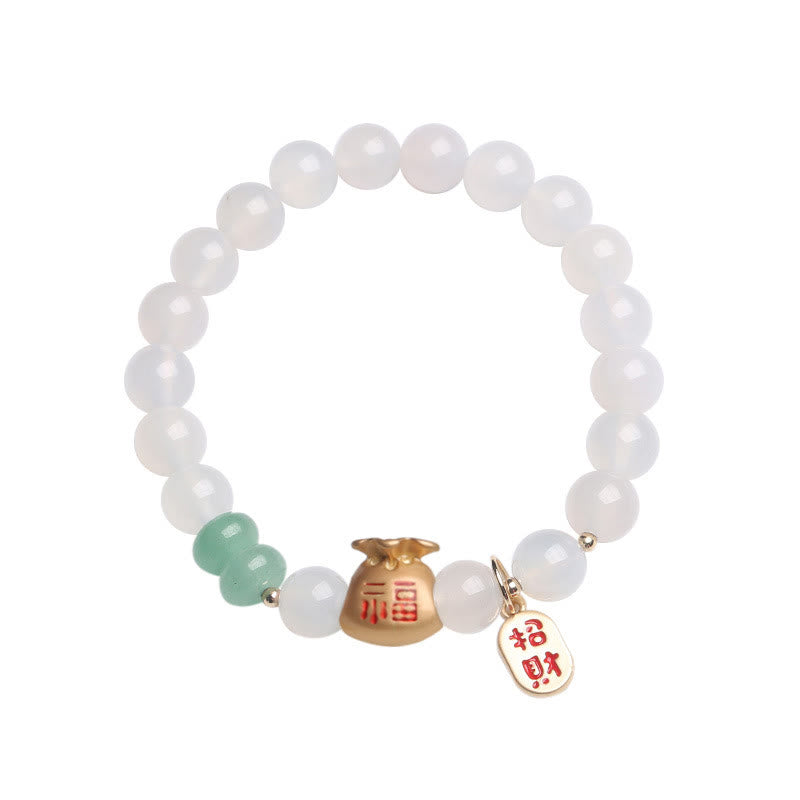 Wear FengShui Natural White Agate Red Agate Money Bag Fu Character Four Leaf Clover Protection Bracelet