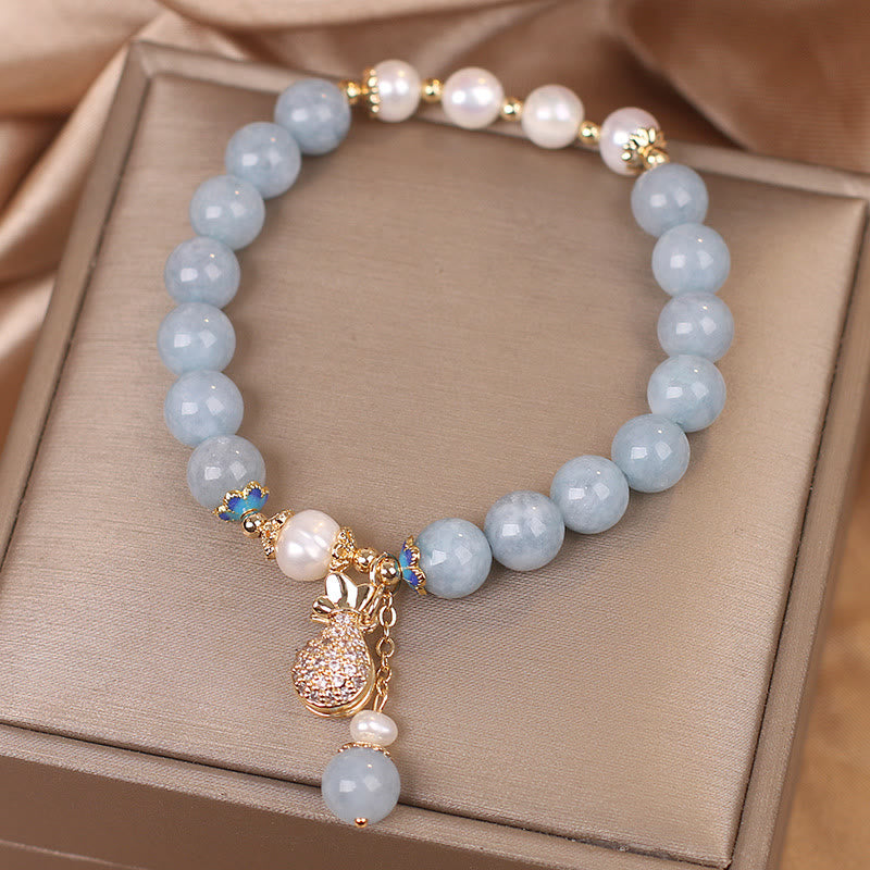 Wear FengShui Aquamarine Pearl Fortune Money Bag Charm Bracelet