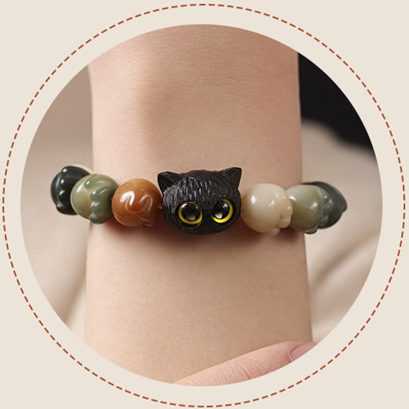 Wear FengShui Natural Bodhi Seed Lovely Paw Ebony Wood Lucky Cat Wisdom Bracelet