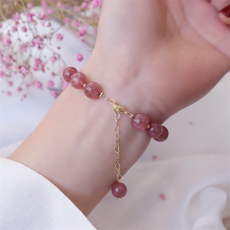 Wear FengShui Natural Strawberry Quartz Pearl Four Leaf Clover Love Bracelet