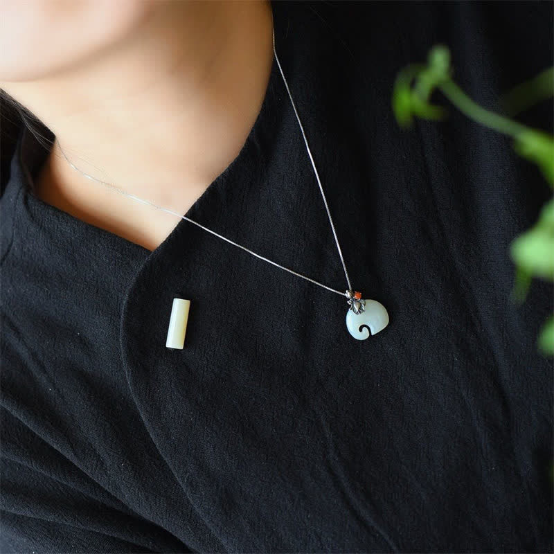 Wear FengShui White Jade Elephant Lotus Protection Necklace Pendant