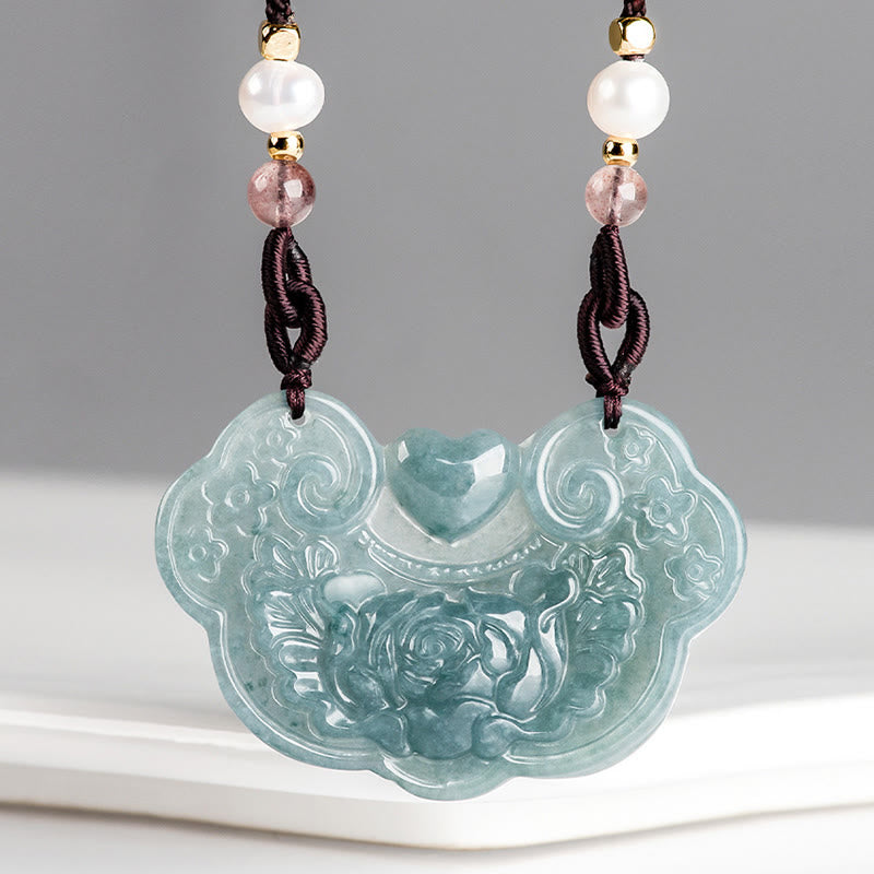 Wear FengShui Natural Jade Peony Flower Lock of Good Wishes Prosperity Necklace Pendant