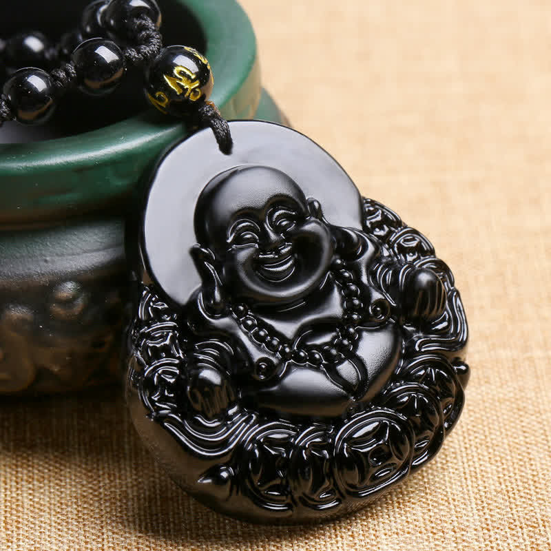 Wear FengShui Laughing Buddha Black Obsidian Strength Protection Pendant Necklace