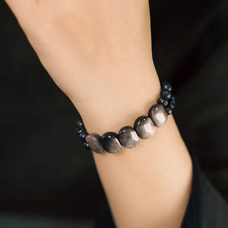 Wear FengShui Natural Silver Sheen Obsidian Lava Rock Communication Bracelet