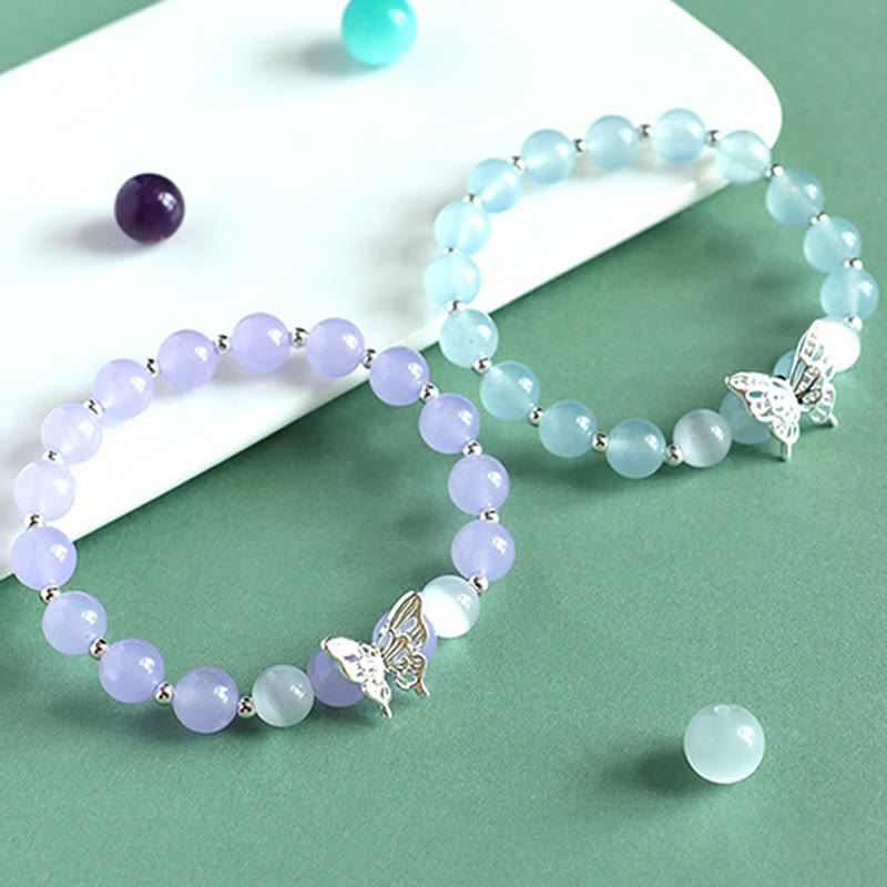 Wear FengShui Blue Chalcedony Pink Crystal Purple Chalcedony Butterfly Energy Bracelet