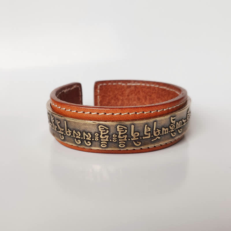 Wear FengShui 2Pcs Om Mani Padme Hum Dragon Phoenix Copper Leather Peace Cuff Bracelet Bangle