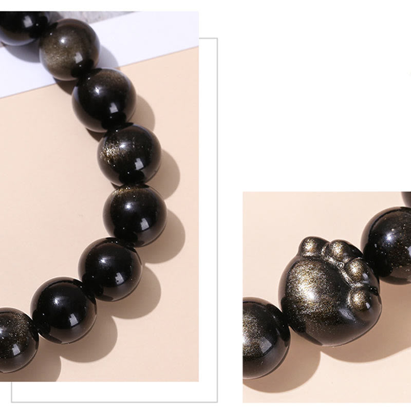 Wear FengShui Natural Gold Sheen Obsidian Silver Sheen Obsidian Cute Cat Paw Claw Wealth Bracelet