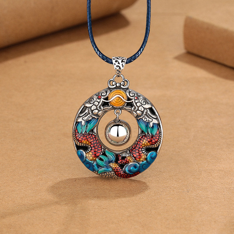 Wear FengShui Year of the Dragon Colorful Double Dragons Playing Bead Copper Protection Necklace Pendant