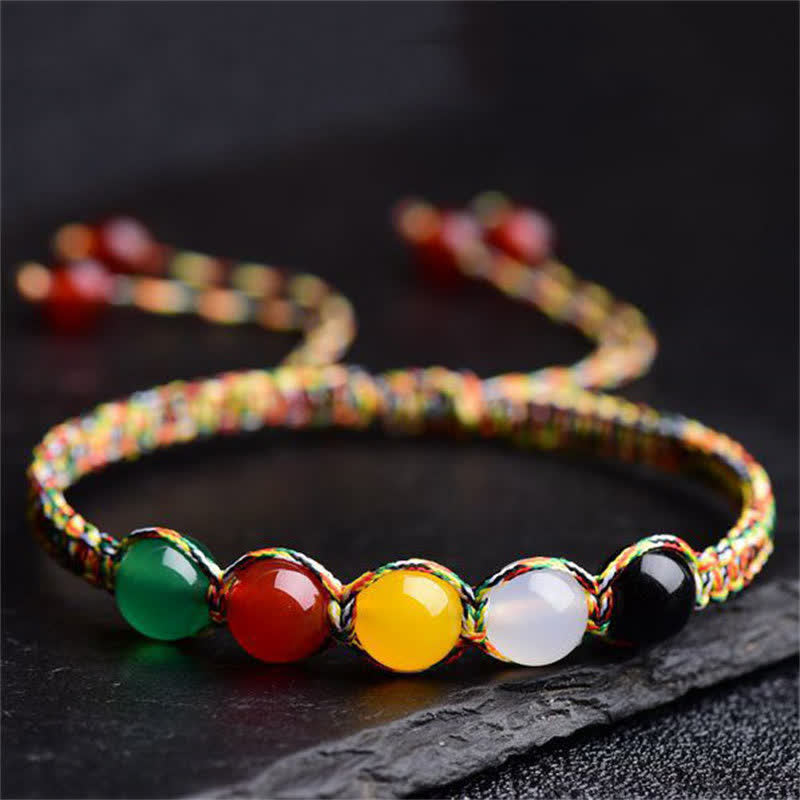 Wear FengShui Colorful Agate Metal Wood Water Fire Earth Five Elements String Bracelet
