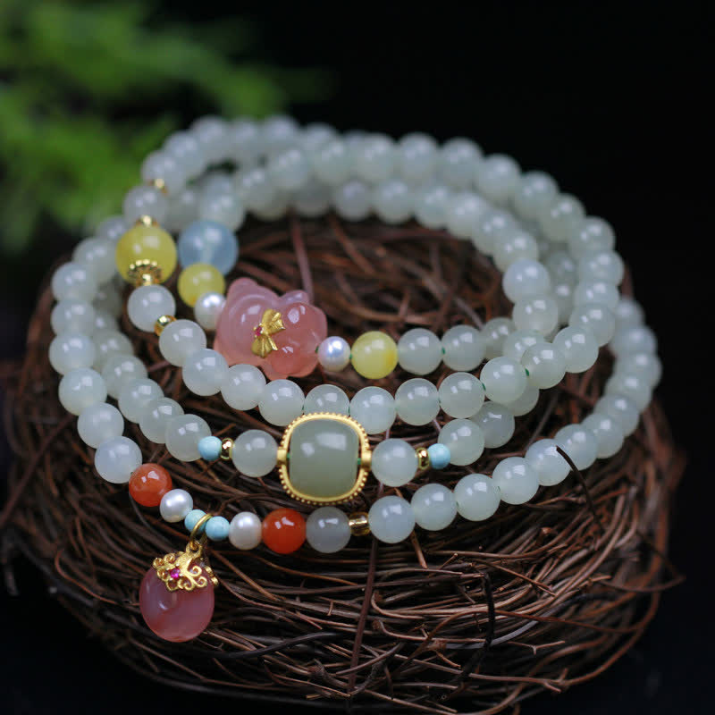 Wear FengShui Natural Hetian Jade Pink Crystal Peace Buckle Happiness Abundance Bracelet