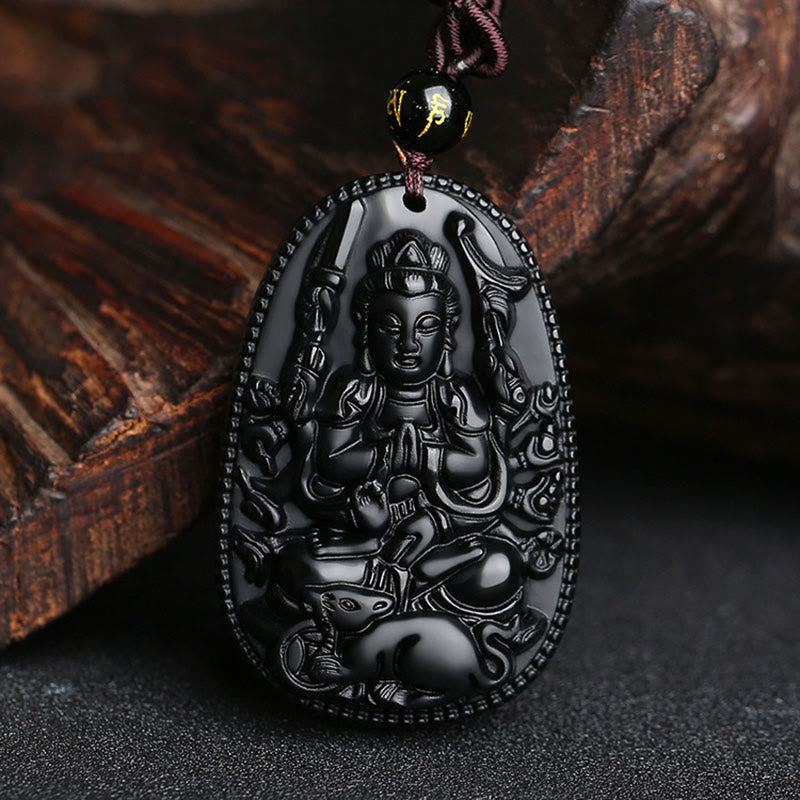 Wear FengShui Chinese Zodiac Natal Buddha Natural Black Obsidian Purification Necklace Pendant