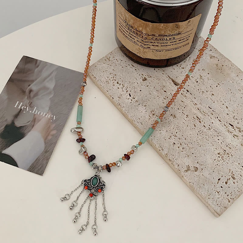 Wear FengShui Tibetan Crystal Stone Copper Luck Tassel Necklace Pendant