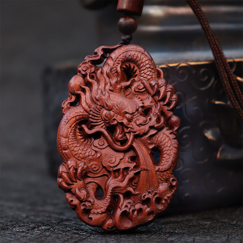 Wear FengShui Lightning Struck Jujube Wood Double Dragon Relief Ward Off Evil Spirits Necklace Pendant