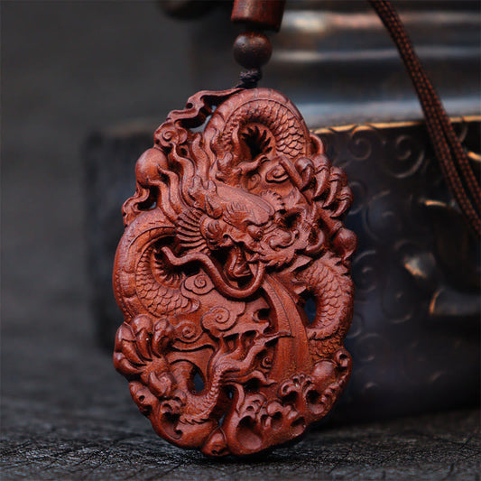 Wear FengShui Lightning Struck Jujube Wood Double Dragon Relief Ward Off Evil Spirits Necklace Pendant