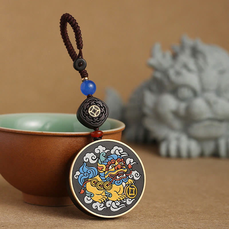 Wear FengShui PiXiu Copper Coin Ebony Wood Luck Attract Wealth Key Chain Decoration