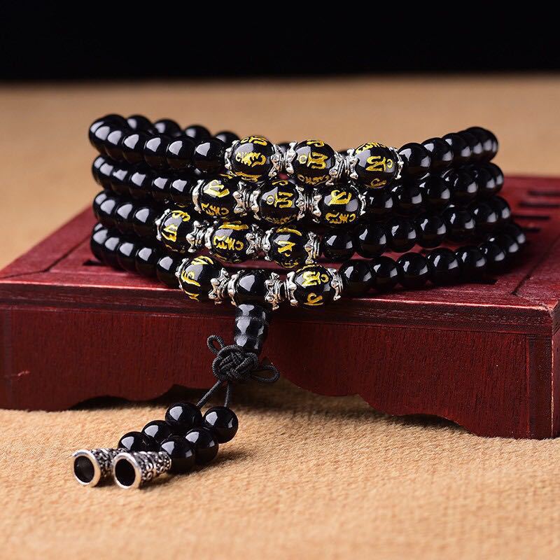 Wear FengShui Black Obsidian Six True Words Protection Mala Bracelet