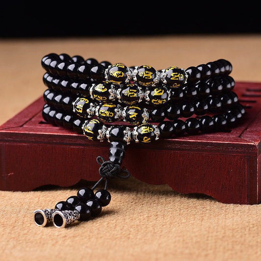 Wear FengShui Black Obsidian Six True Words Protection Mala Bracelet