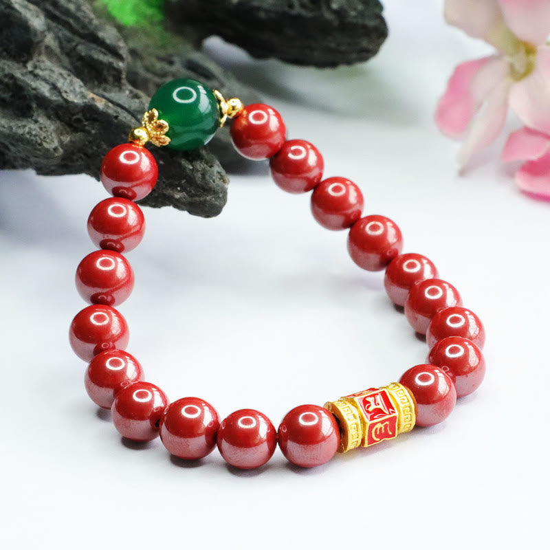 Wear FengShui Natural Cinnabar Green Agate Om Mani Padme Hum Pattern Blessing Bracelet