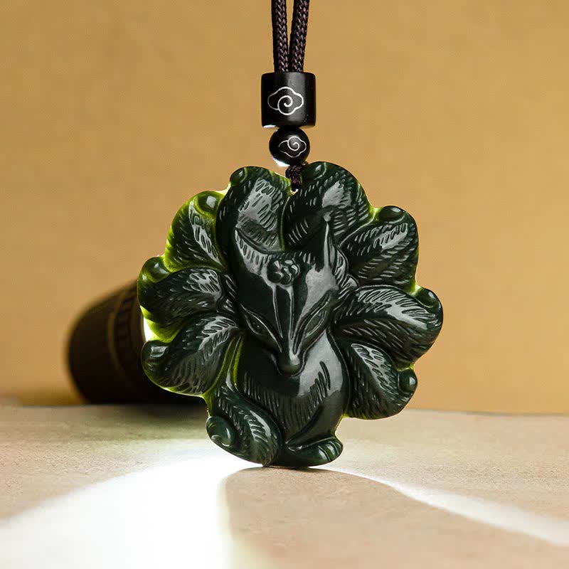 Wear FengShui Hetian Cyan Jade Nine Tailed Fox Luck Necklace String Pendant