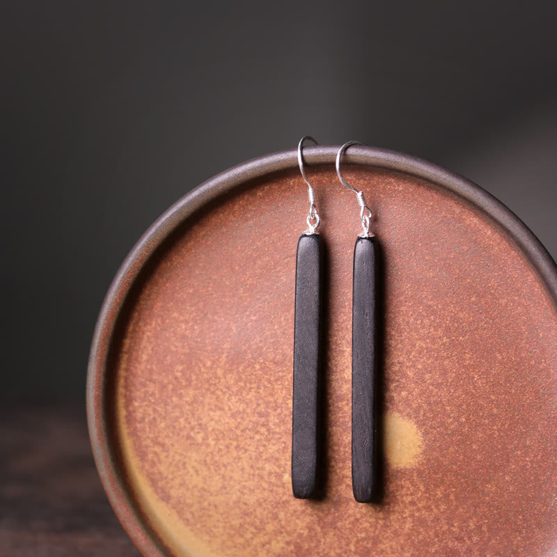 Wear FengShui 925 Sterling Silver Ebony Wood Texture Balance Peace Drop Dangle Earrings
