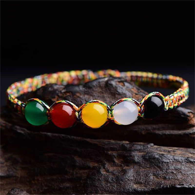 Wear FengShui Colorful Agate Metal Wood Water Fire Earth Five Elements String Bracelet