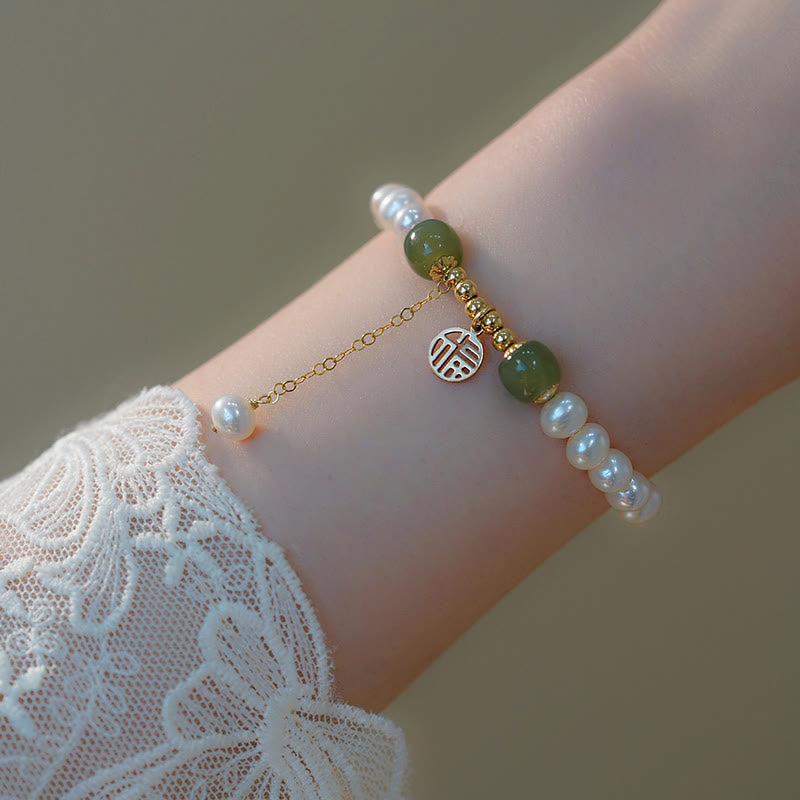 Wear FengShui Natural Pearl Hetian Jade Happiness Wisdom Bead Bracelet
