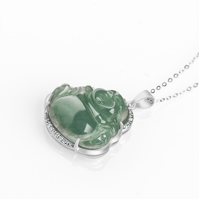 Wear FengShui Laughing Buddha Natural Jade Luck Prosperity Necklace Titanium Steel Chain Pendant