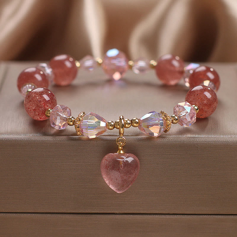 Wear FengShui Natural Strawberry Quartz Crystal Love Heart Healing Positive Bracelet