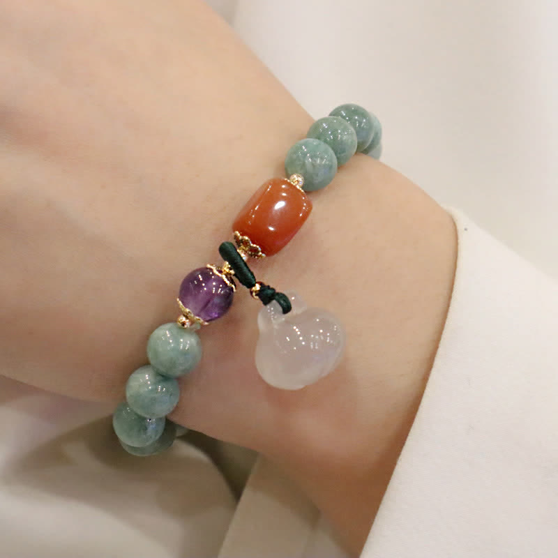 Wear FengShui Cyan Jade Lotus Pumpkin Wish Peace Buckle Amethyst Crystal Healing Bracelet