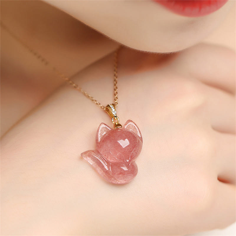 Wear FengShui 925 Sterling Silver Plated 14k Gold Strawberry Quartz Fox Healing Necklace Pendant