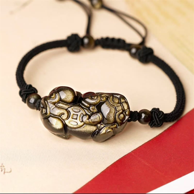 Wear FengShui Natural Obsidian Amethyst Citrine PiXiu Cooper Coin Wealth Bracelet