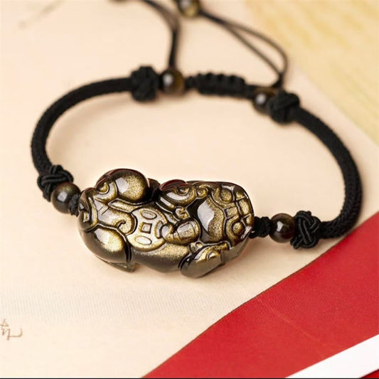 Wear FengShui Natural Obsidian Amethyst Citrine PiXiu Cooper Coin Wealth Bracelet