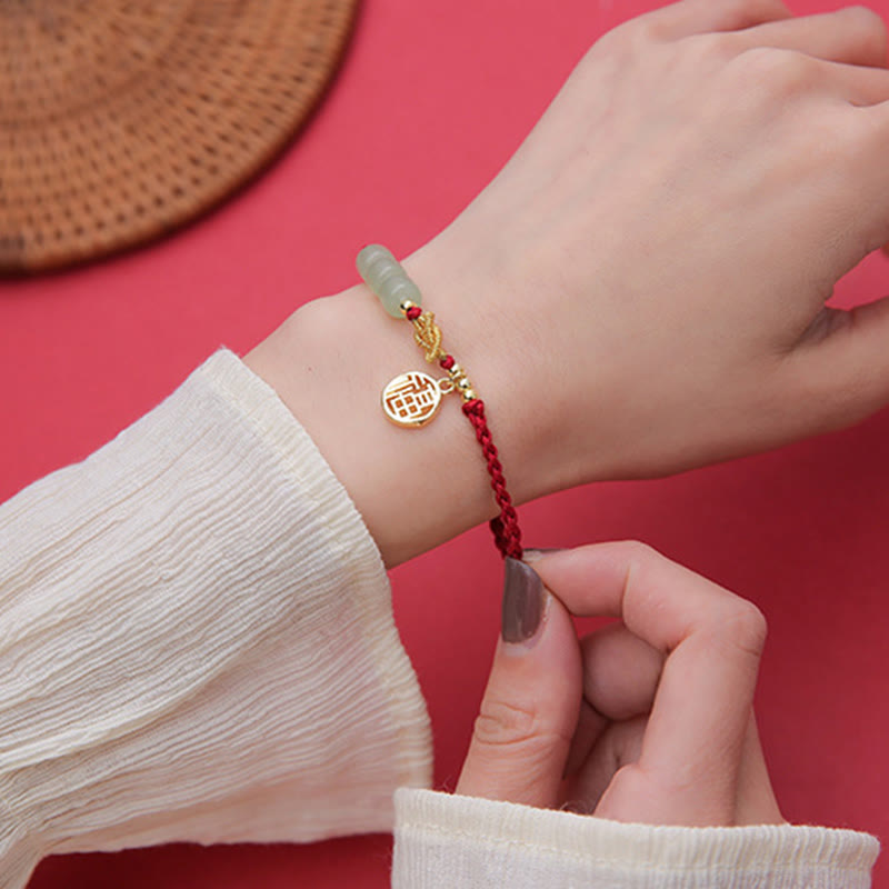 Wear FengShui Handcrafted Jade Bead Fu Character Charm Luck Red Rope Bracelet