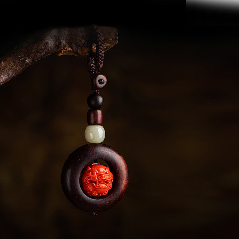 Wear FengShui Tibet Om Mani Padme Hum PiXiu Copper Coin Small Leaf Red Sandalwood Cinnabar Protection Key Chain